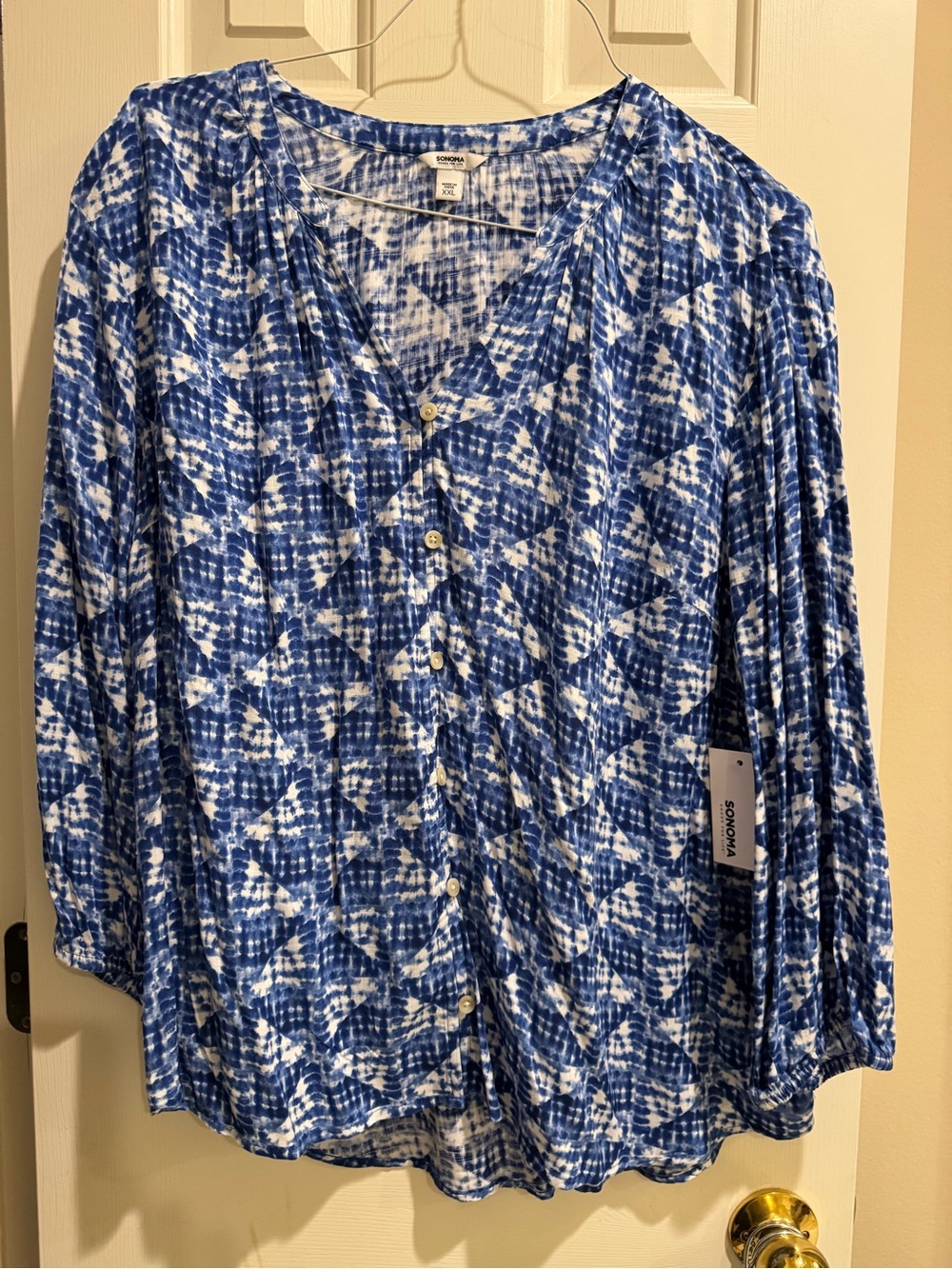 Sonoma Blue & White Patterned Button-Front Womens Blouse